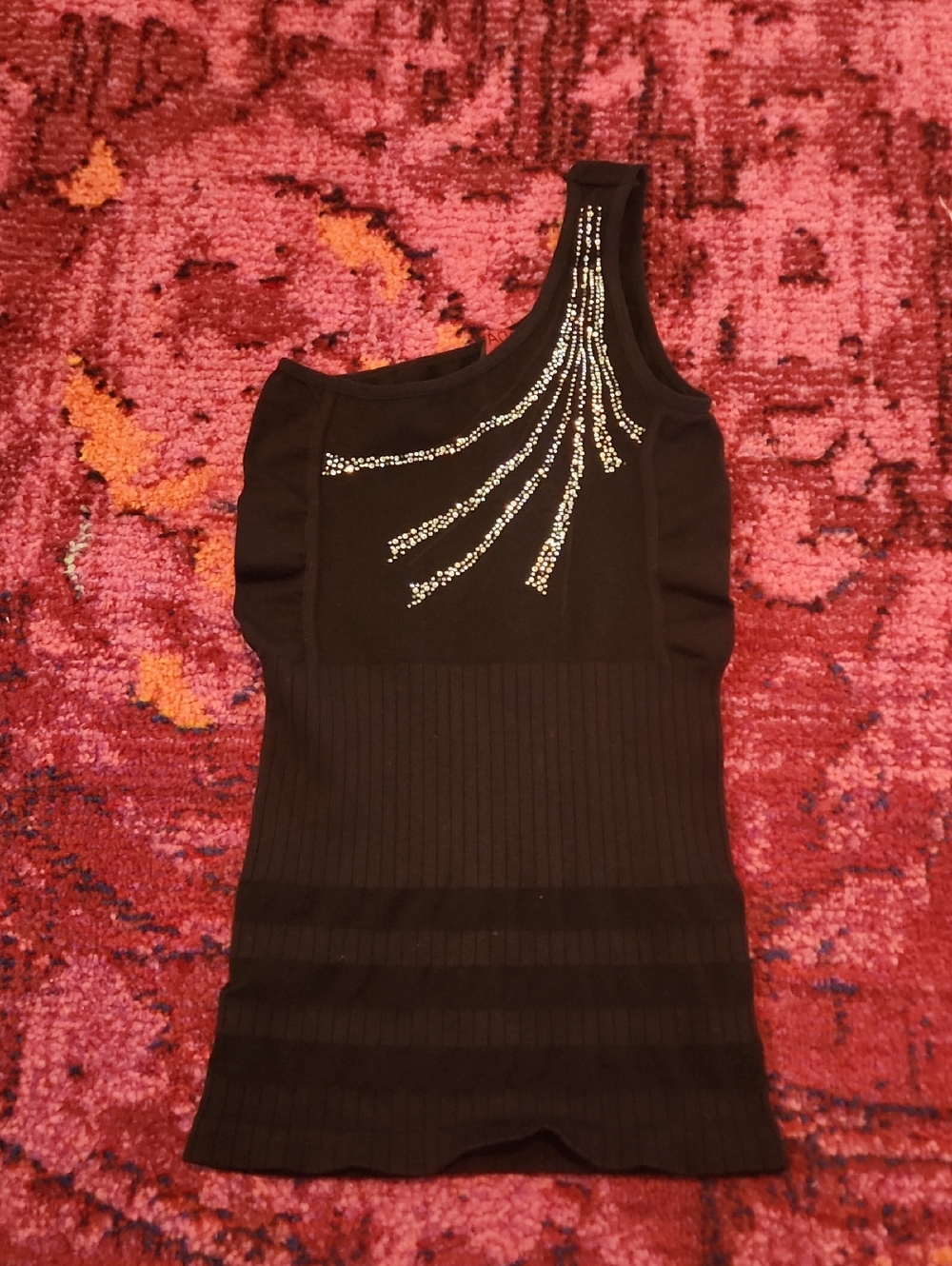 One-Shoulder Black Tank Top with Rhinestone Stream Detail